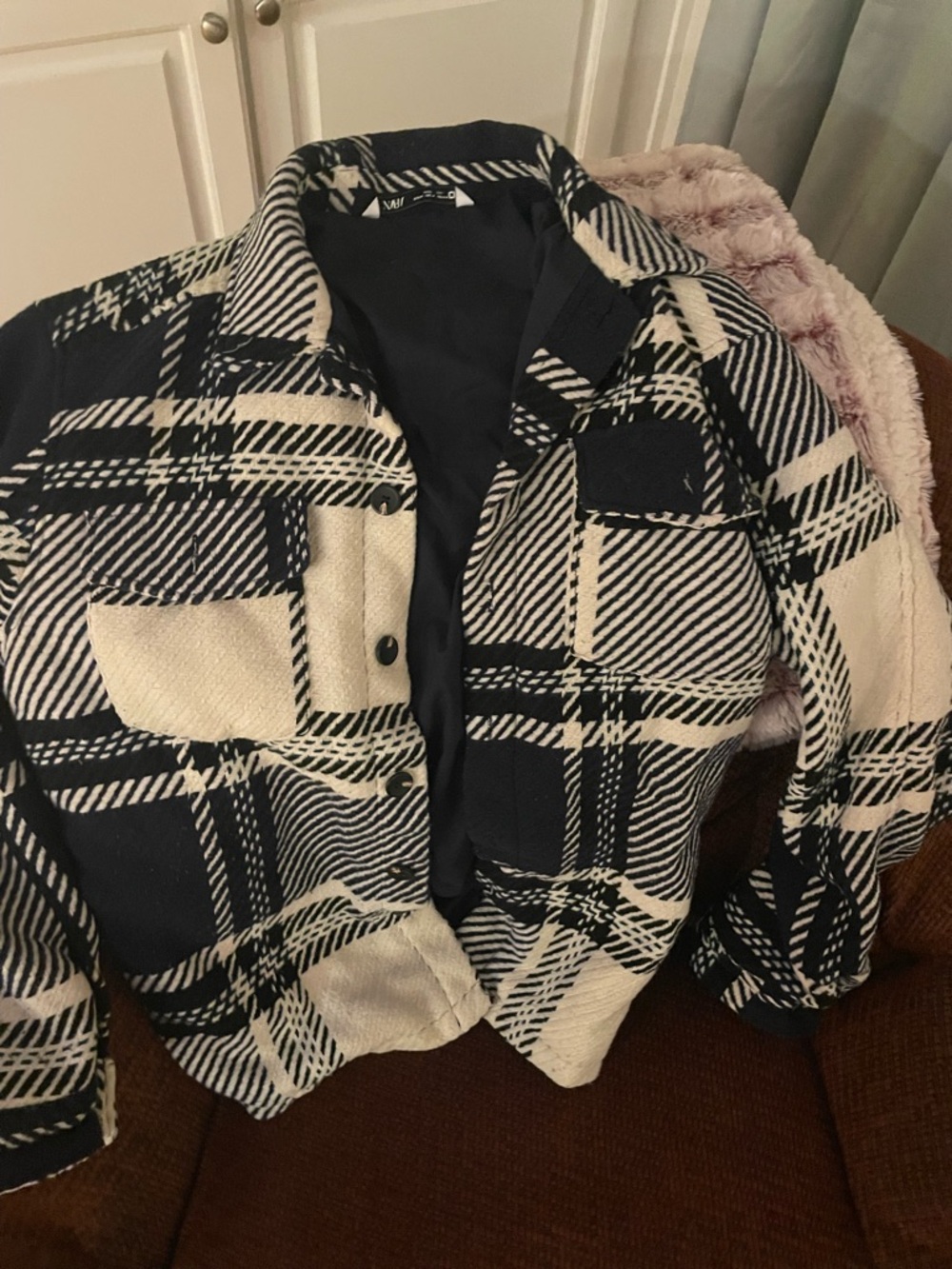 Zara Navy and Cream Plaid Overshirt